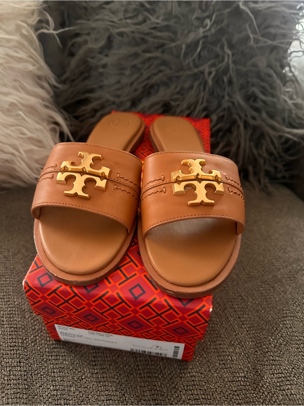 Tory Burch Tan Leather Everly Slide Sandals with Gold Logo